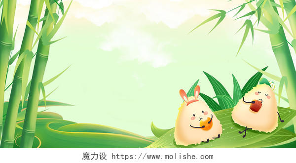 绿色中国风竹叶国潮山植物简约小清新端午粽子展板背景